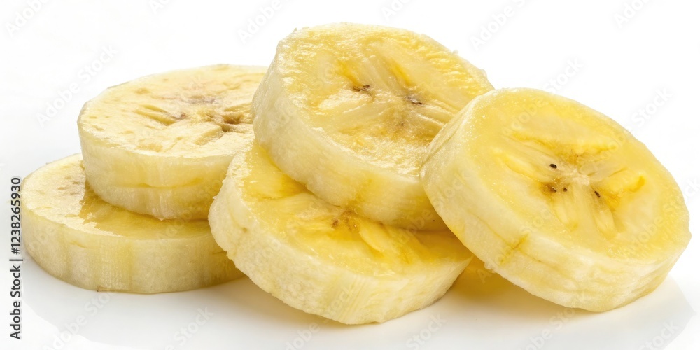 Individual slices of yellow banana isolated on a white background, banana slice, white background, fruit isolation, food photography Individual slices of yellow banana isolated on a white background, banana slice, white background, fruit isolation, food photography