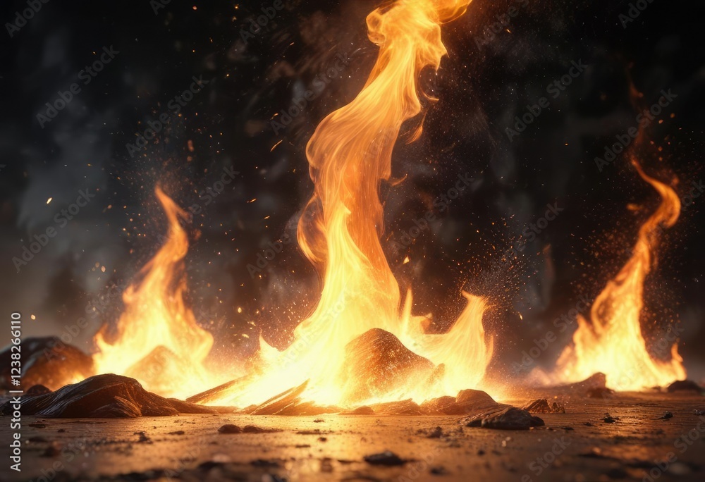 Naklejka premium Roaring flames with shimmering light and glittering dust, hot glow, shimmering light