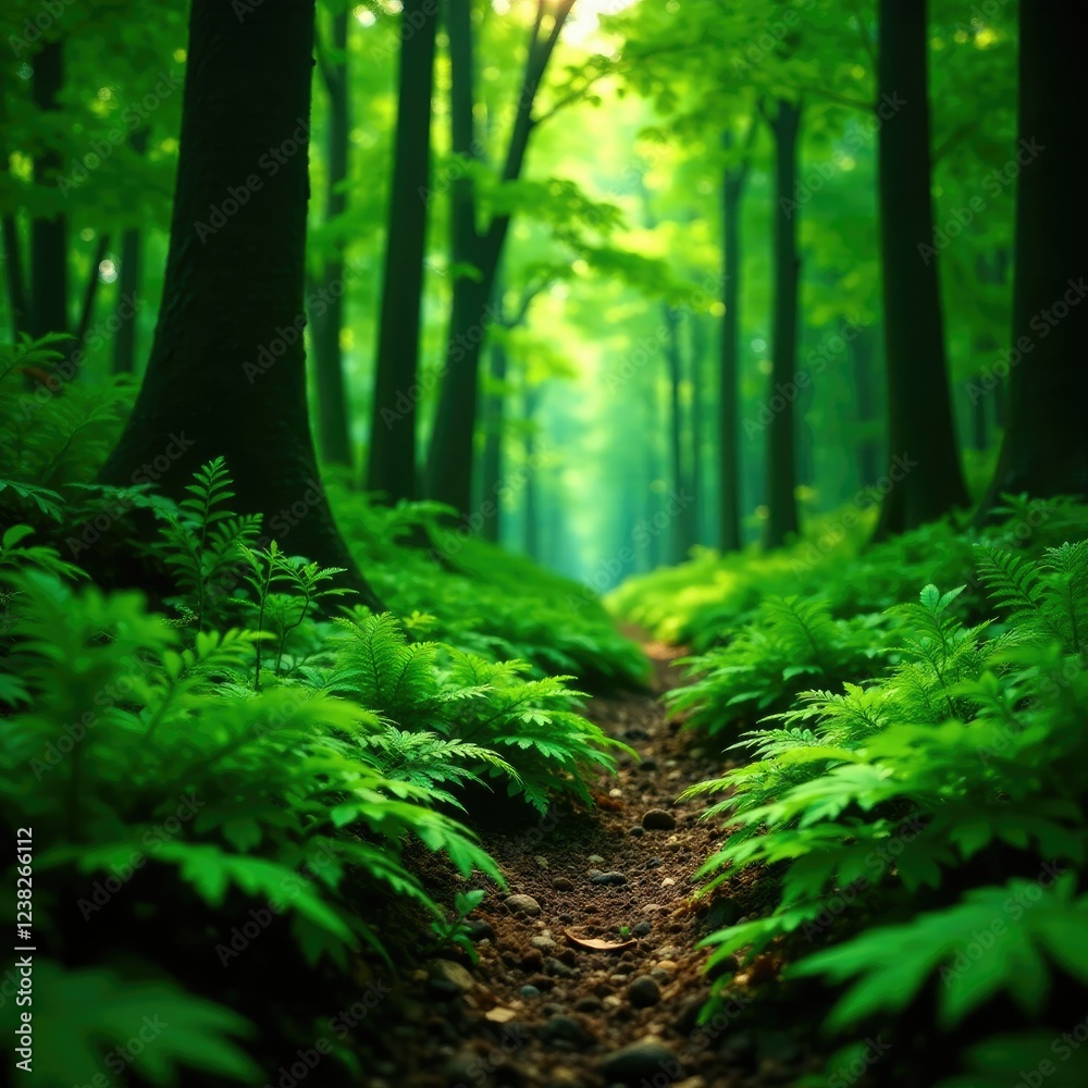 Obraz premium Fern-filled forest floor with ferns and leaves, botanical, dense