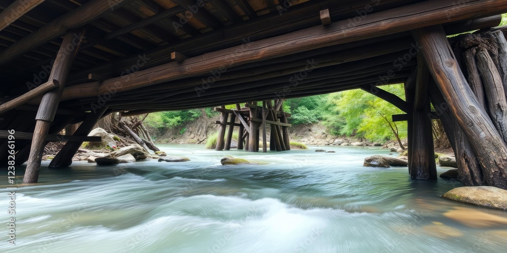 River flowing under a ancient wooden bridge, water features, misty atmosphere, rustic architecture River flowing under a ancient wooden bridge, water features, misty atmosphere, rustic architecture