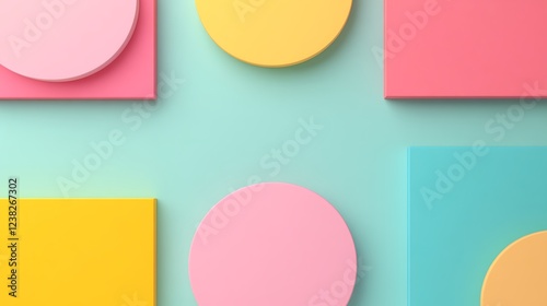 Bright Colorful Geometric Shapes Arrangement on a Mint Background for Creative Design Purpose