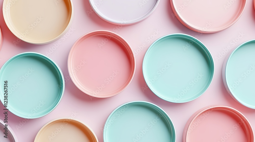 Collection of Pastel Colored Round Plates Arranged in an Aesthetic Pattern on a Soft Pink Background Collection of Pastel Colored Round Plates Arranged in an Aesthetic Pattern on a Soft Pink Background