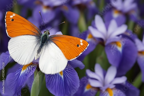 An Orange Tip butterfly on a wild iris, its orange markings complementing the purple flowers. photo