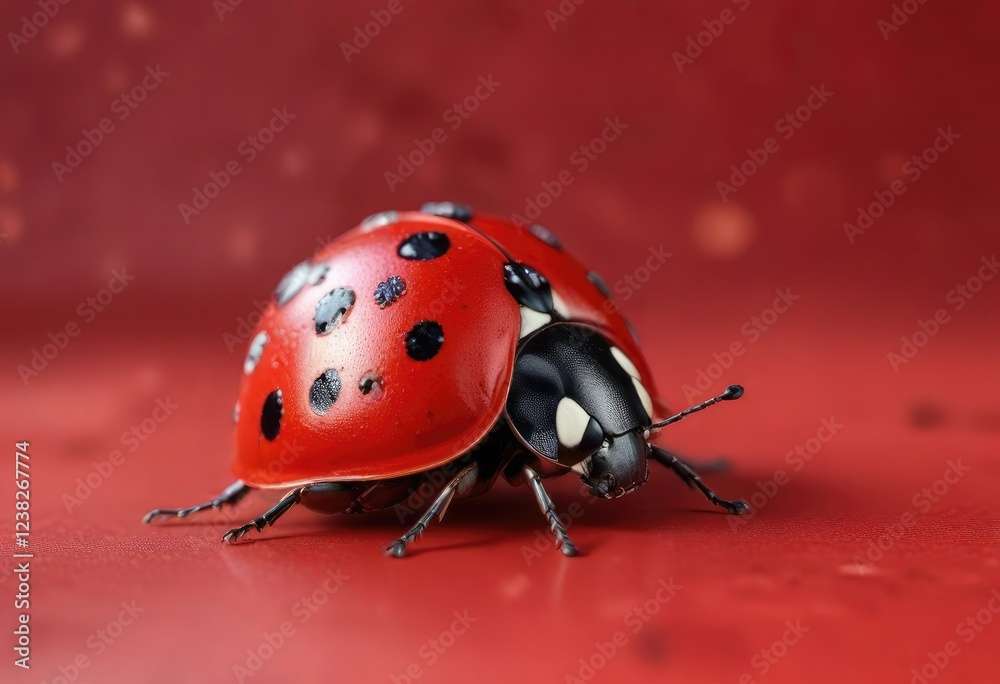 Fototapeta premium Ladybug with multicolored spots on red background, beetles, insects