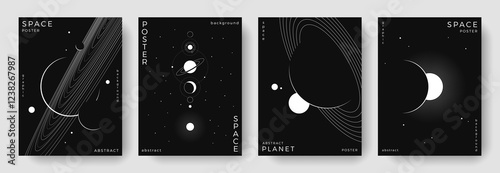 Set of abstract space astronomy backgrounds. Line art galaxy, universe, planet, solar system. Science future concept. Cosmic minimalist design for cover, poster, layout, banner, flyer, brochure