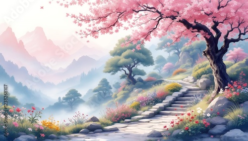 Serene Springtime Mountain Path: A Digital Painting of Tranquil Beauty
