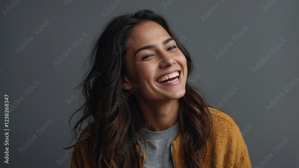 Smiling woman with long hair wearing a cozy sweater poses against a simple backdrop in a warm and inviting setting Smiling woman with long hair wearing a cozy sweater poses against a simple backdrop in a warm and inviting setting
