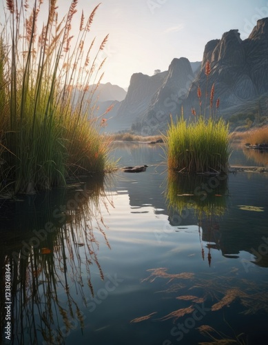 Large horsetail reeds in a serene prehistoric lake, prehistoric, scenery, tranquility photo