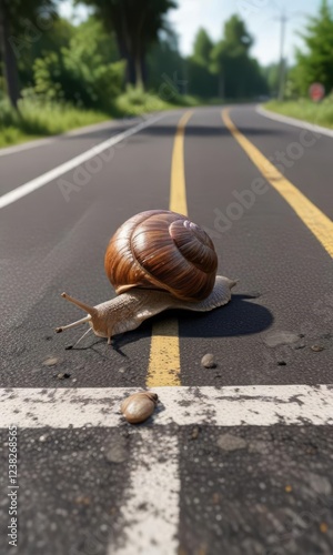 large snail leaving trail behind as crossing road slowly, path, snail, road photo