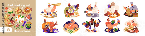 Chefs cooking set. Restaurants with cuisine of different countries. People in uniform cook food, meals at kitchen. Culinary, preparing of eating. Flat isolated vector illustrations on white background