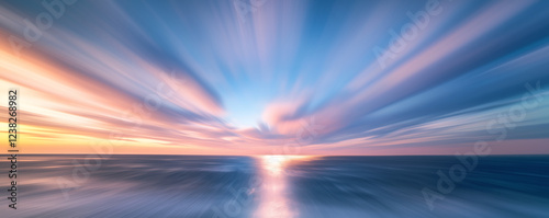 A stunning seascape at sunset with vibrant colors and dramatic cloud formations. photo