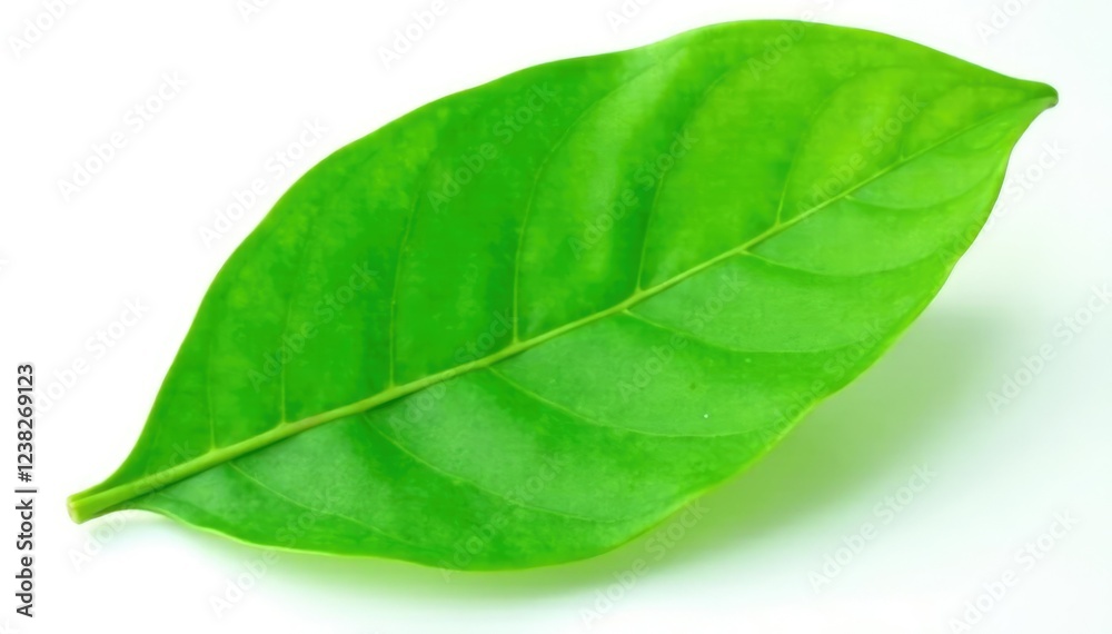 Obraz premium Fresh green cacao leaf isolated on white background, closeup, green, cacao leaf