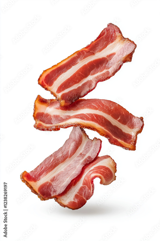 Floating slices of crispy bacon, isolated on white background. Floating slices of crispy bacon, isolated on white background.