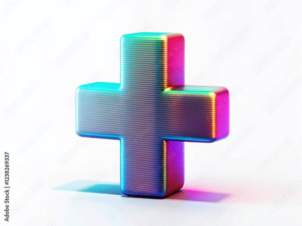 Fototapeta premium 3D Glitch Symbol Macro Photography: Realistic Distorted Plus Sign with Soft Shadow on White