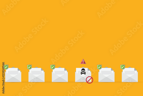 Email envelope with black document and skull icon. Virus, malware, email fraud, e-mail spam, phishing scam, hacker attack concept. Vector illustration	