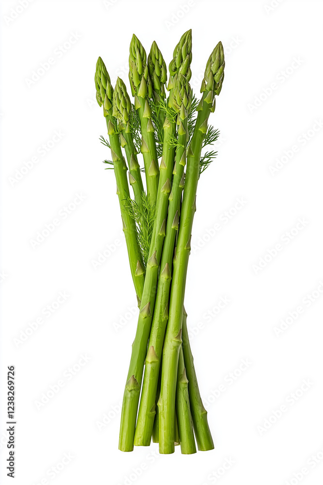 Fototapeta premium A floating bunch of green asparagus spears, isolated on white background.