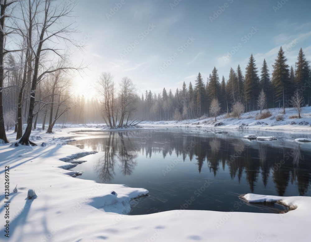 Snowy forest landscape with bare trees and frozen lake, snowy forest, wintery landscape , peaceful scene Snowy forest landscape with bare trees and frozen lake, snowy forest, wintery landscape , peaceful scene