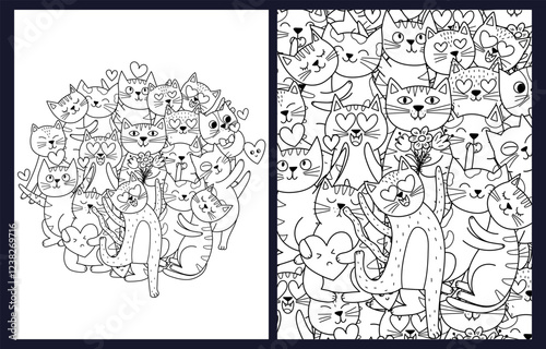 Coloring pages set with cute loving cats. Romantic feline characters templates collection for coloring book for kids and adults. Vector illustration