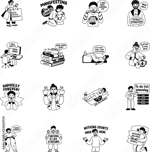 Set of Sarcastic Characters Glyph Style Stickers 