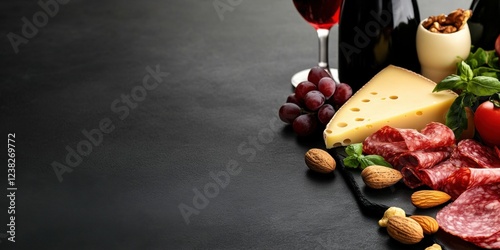 A gourmet spread featuring assorted cheeses, meats, nuts, and grapes paired with wine for an elegant dining experience.