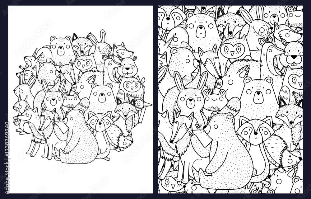 Coloring pages set with cute forest animals. Adorable woodland characters templates collection for coloring book. Vector illustration