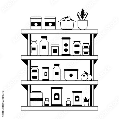 Pantry shelf filled with food items, a glyph style illustration