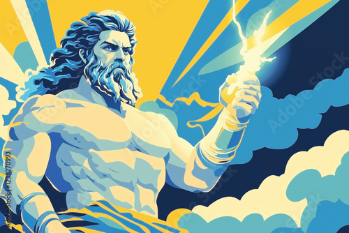 A flat vector illustration of Zeus holding a lightning bolt, with a blue and yellow color palette, clouds in the background