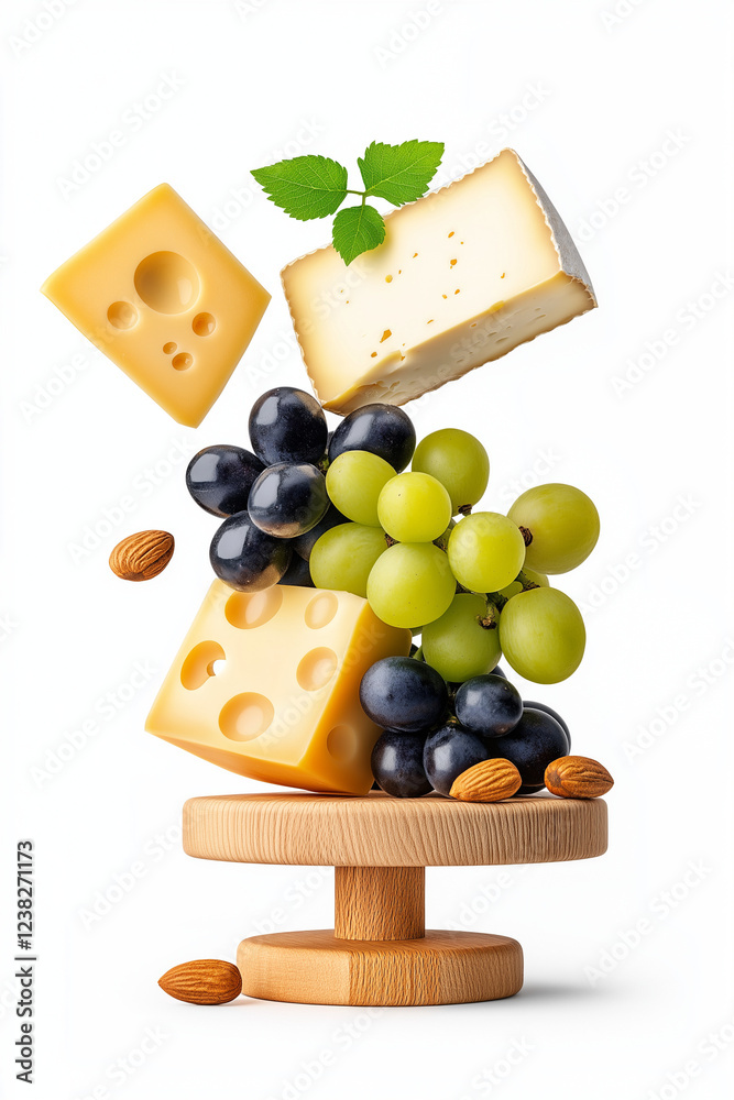 A floating cheese platter with grapes and nuts, isolated on white background. A floating cheese platter with grapes and nuts, isolated on white background.