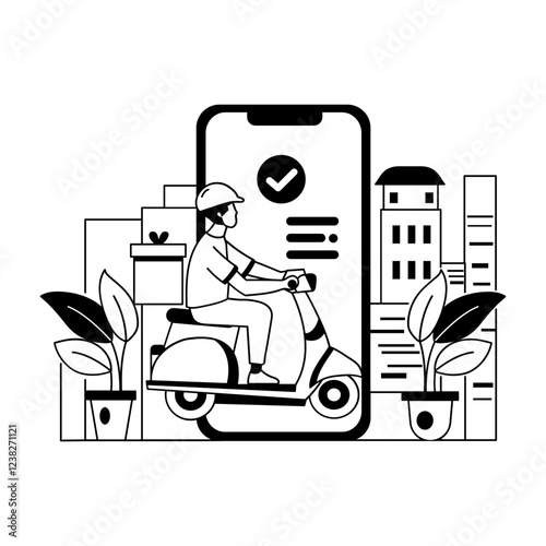 A glyph illustration of a delivery driver on a scooter using a smartphone delivery app