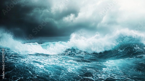 Stormy ocean waves with dramatic clouds overhead