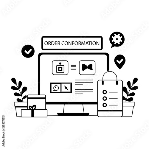 A glyph illustration of a computer screen showing an order confirmation page