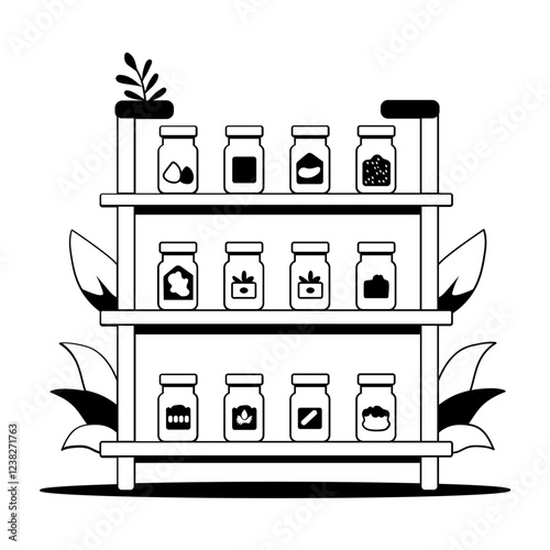 A glyph illustration of spice rank filled with different spice jars 