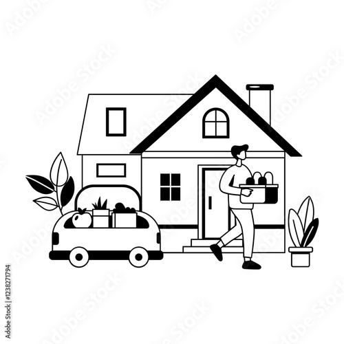 A glyph illustration of a man's grocery delivery to a house  