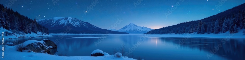 Frozen lake on winter night with twinkling stars and snowflakes falling softly, peaceful, frozen lake, night Frozen lake on winter night with twinkling stars and snowflakes falling softly, peaceful, frozen lake, night