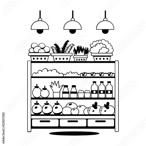 A glyph illustration of a grocery rack filled with fresh fruits, vegetables, and beverages