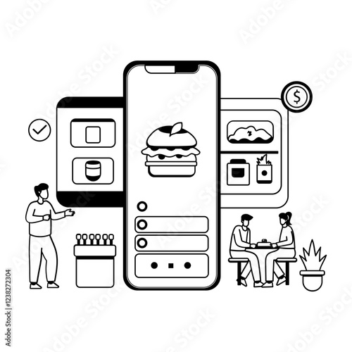 A glyph illustration of people using a mobile app for food order