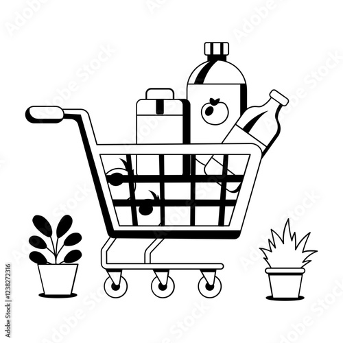 A glyph illustration of a shopping cart filled with groceries