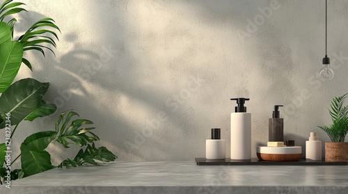 Minimalist bathroom countertop with skincare products photo