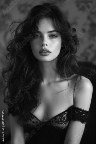 A striking black and white portrait of a woman with flowing hair and a calm expression, wearing a lace strap dress, showcasing elegance and timeless beauty.