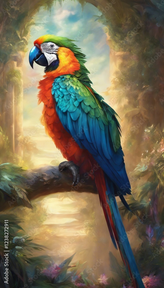 Obraz premium Vibrant macaw in a lush forest setting.