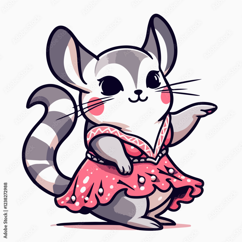 Sugar Glider in Dress: An adorable cartoon sugar glider, in a pink polka dot dress, playfully points with one paw. Its large eyes and sweet expression create a charming and whimsical scene. Sugar Glider in Dress: An adorable cartoon sugar glider, in a pink polka dot dress, playfully points with one paw. Its large eyes and sweet expression create a charming and whimsical scene.
