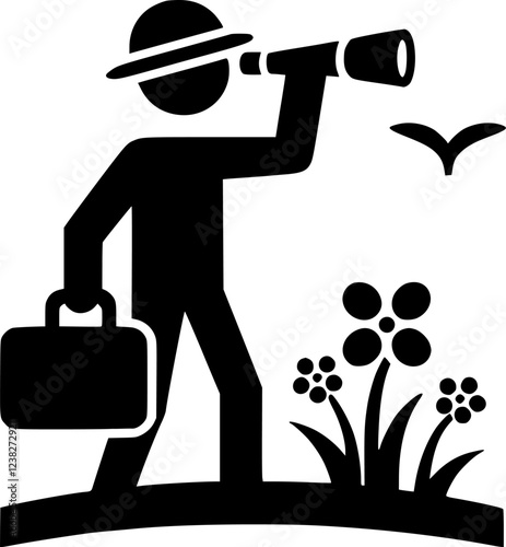 stick man scouting with binoculars, pictogram sign, symbol, vector, art