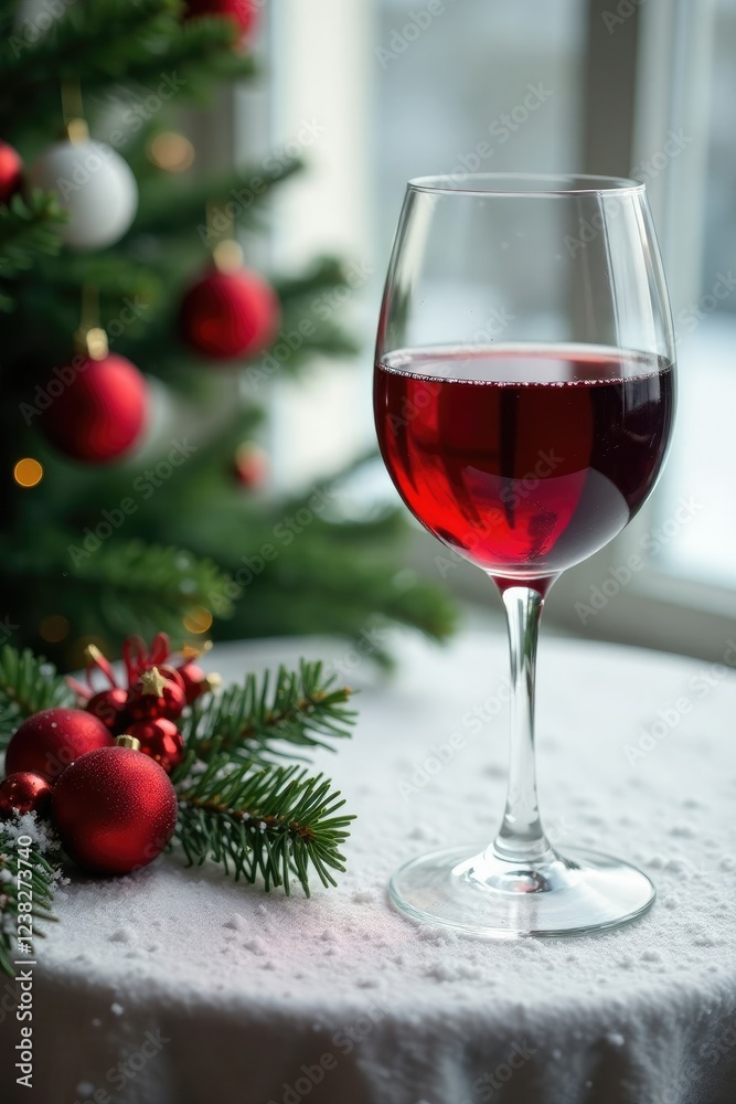 Glass of red wine on a snowy white Christmas tablecloth, evergreen, decorations, snow Glass of red wine on a snowy white Christmas tablecloth, evergreen, decorations, snow