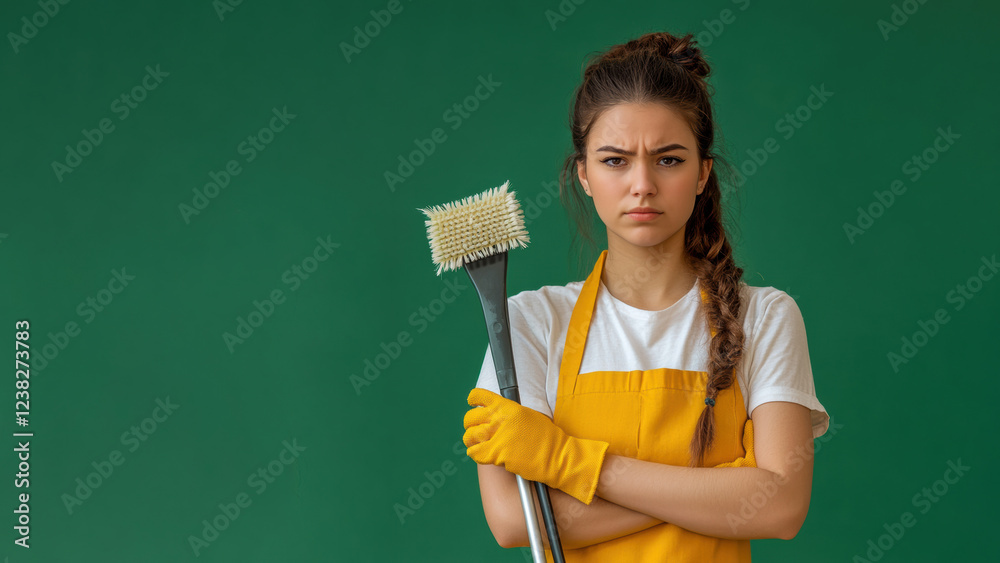Young woman prepares for cleaning task with serious expression Young woman prepares for cleaning task with serious expression