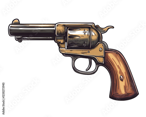vintage revolver with wooden grip, showcasing classic design elements of Old West. This firearm symbolizes adventure and rugged spirit of cowboy culture
