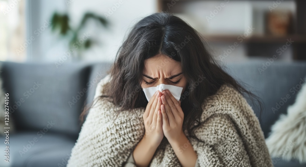 Woman feeling unwell while sitting on a couch in a cozy room Woman feeling unwell while sitting on a couch in a cozy room