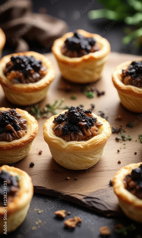 Miniature puff pastry cups filled with earthy mushroom duxelles and topped with a sprinkle of black truffle, puff pastry, appetizer, elegant Miniature puff pastry cups filled with earthy mushroom duxelles and topped with a sprinkle of black truffle, puff pastry, appetizer, elegant
