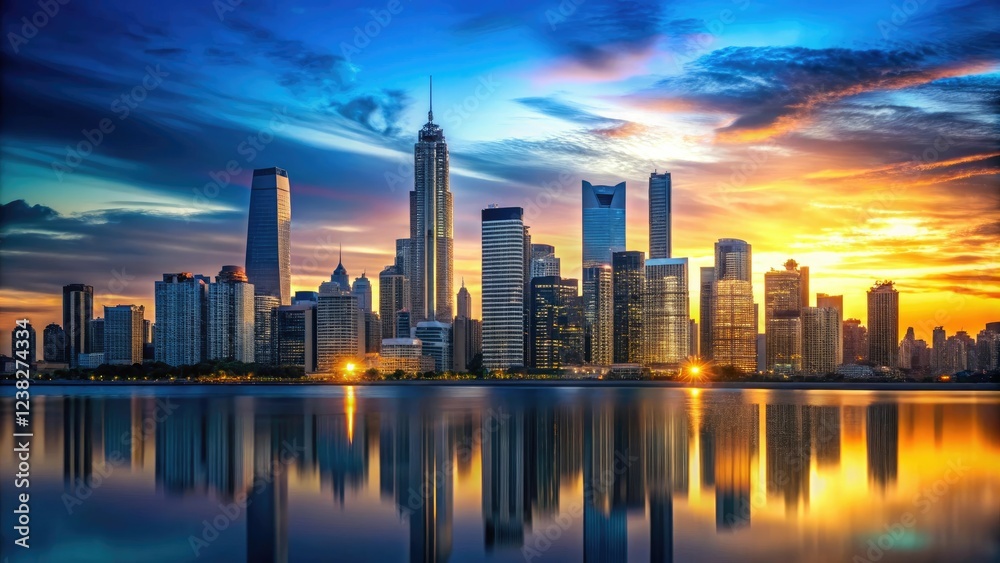 Fototapeta premium Minimalist cityscape at sunset with sleek skyscrapers and a dark blue sky, urban planning, dark blue, pink shades, urban landscape