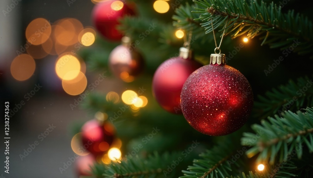 Glittering baubles on a Christmas tree amidst twinkling lights and festive greenery, winter wonderland, sparkling, baubles Glittering baubles on a Christmas tree amidst twinkling lights and festive greenery, winter wonderland, sparkling, baubles