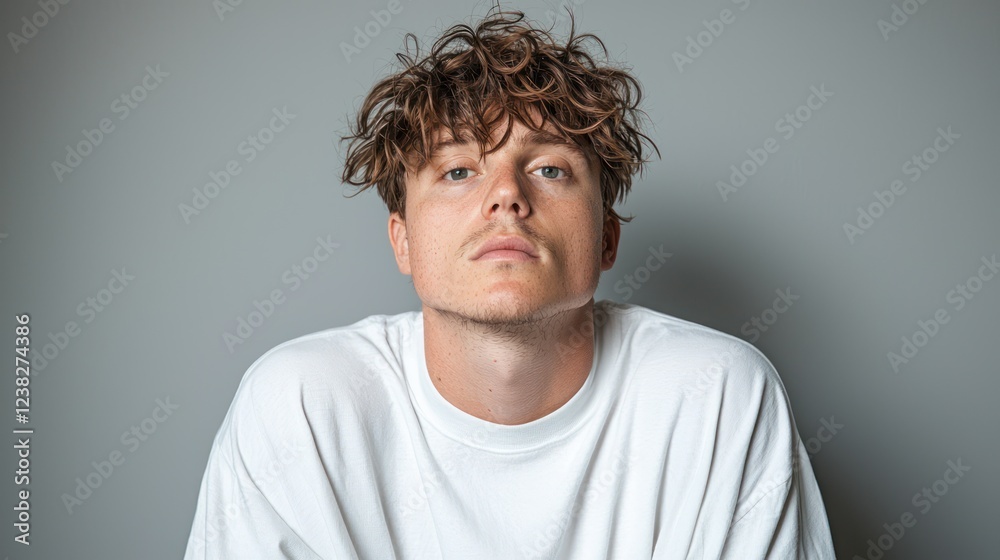 Fototapeta premium A young man with curly hair poses against a neutral background, exuding a confident vibe.